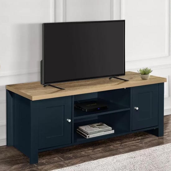 Highland Wooden TV Stand With 2 Doors In Navy Blue And Oak