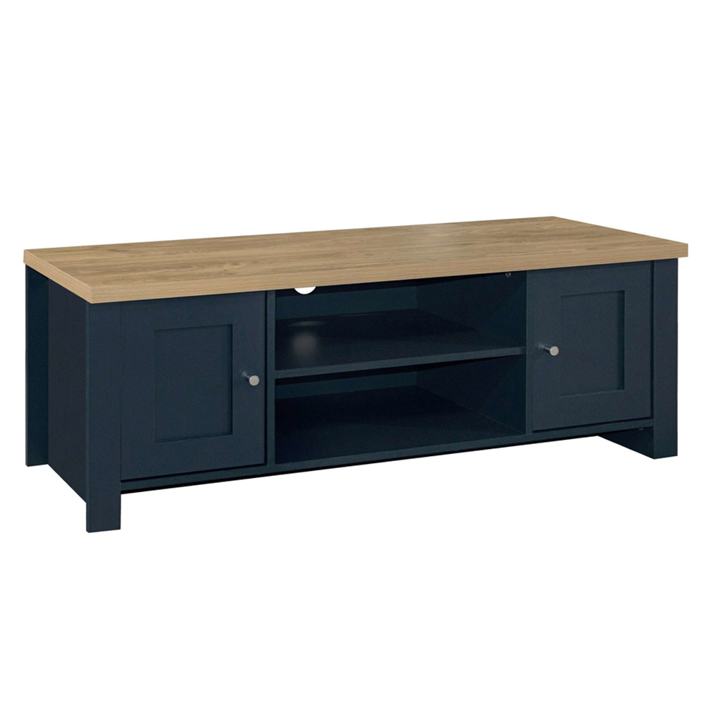Highland Wooden TV Stand With 2 Doors In Navy Blue And Oak