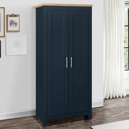 Product photograph of Highland Wooden Wardrobe With 2 Doors In Navy Blue And Oak from Furniture in Fashion