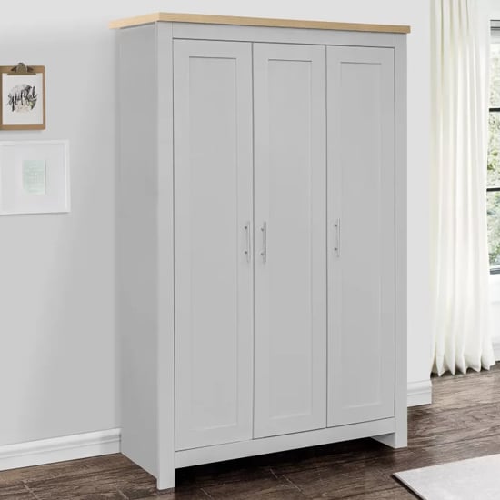 Product photograph of Highland Wooden Wardrobe With 3 Doors In Grey And Oak from Furniture in Fashion