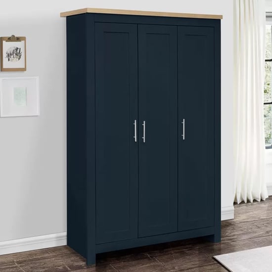 Product photograph of Highland Wooden Wardrobe With 3 Doors In Navy Blue And Oak from Furniture in Fashion