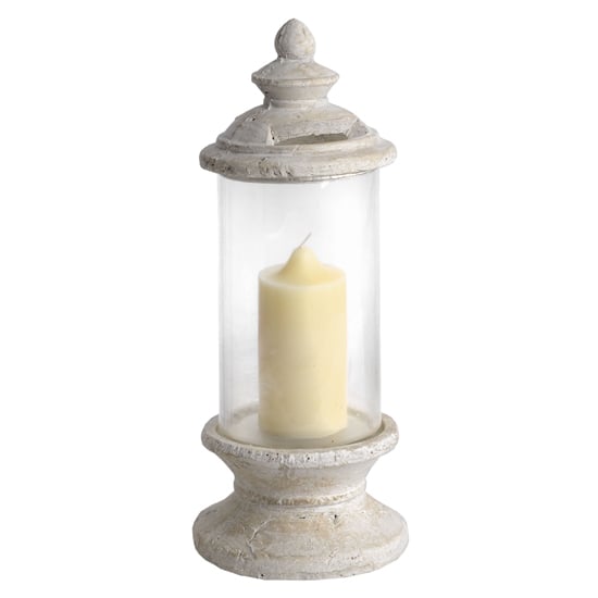 Product photograph of Hilari Glass Lantern In Clear With Cream Stone Top And Base from Furniture in Fashion