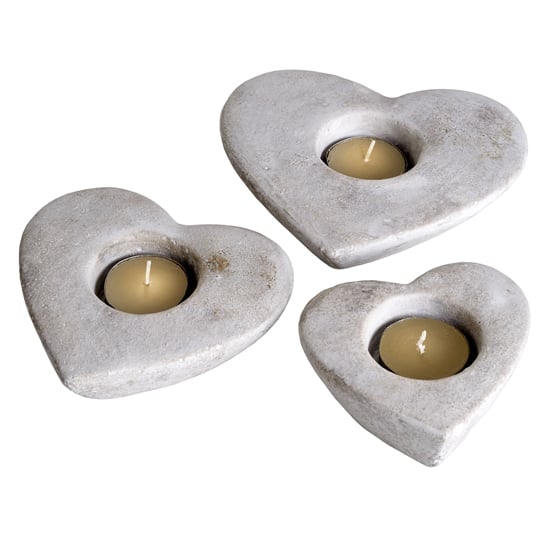Hilari Stone Set Of Three Heart Tea Light Holders In Cream