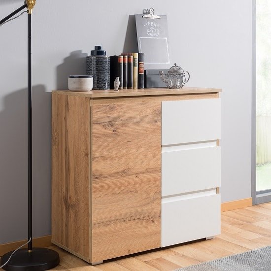 Product photograph of Hilary Contemporary Wooden Chest Of Drawers In Oak And White from Furniture in Fashion