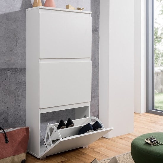Hilary Shoe Storage Cabinet In White With 3 Flap Doors