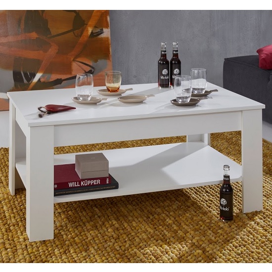 Photo of Hilburn wooden coffee table rectangular in white with undershelf