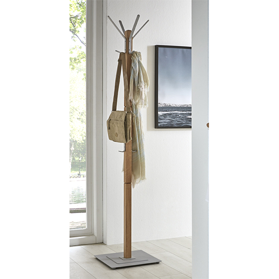 Hillsboro Wooden Coat Stand In Oak With Aluminium Metal Base