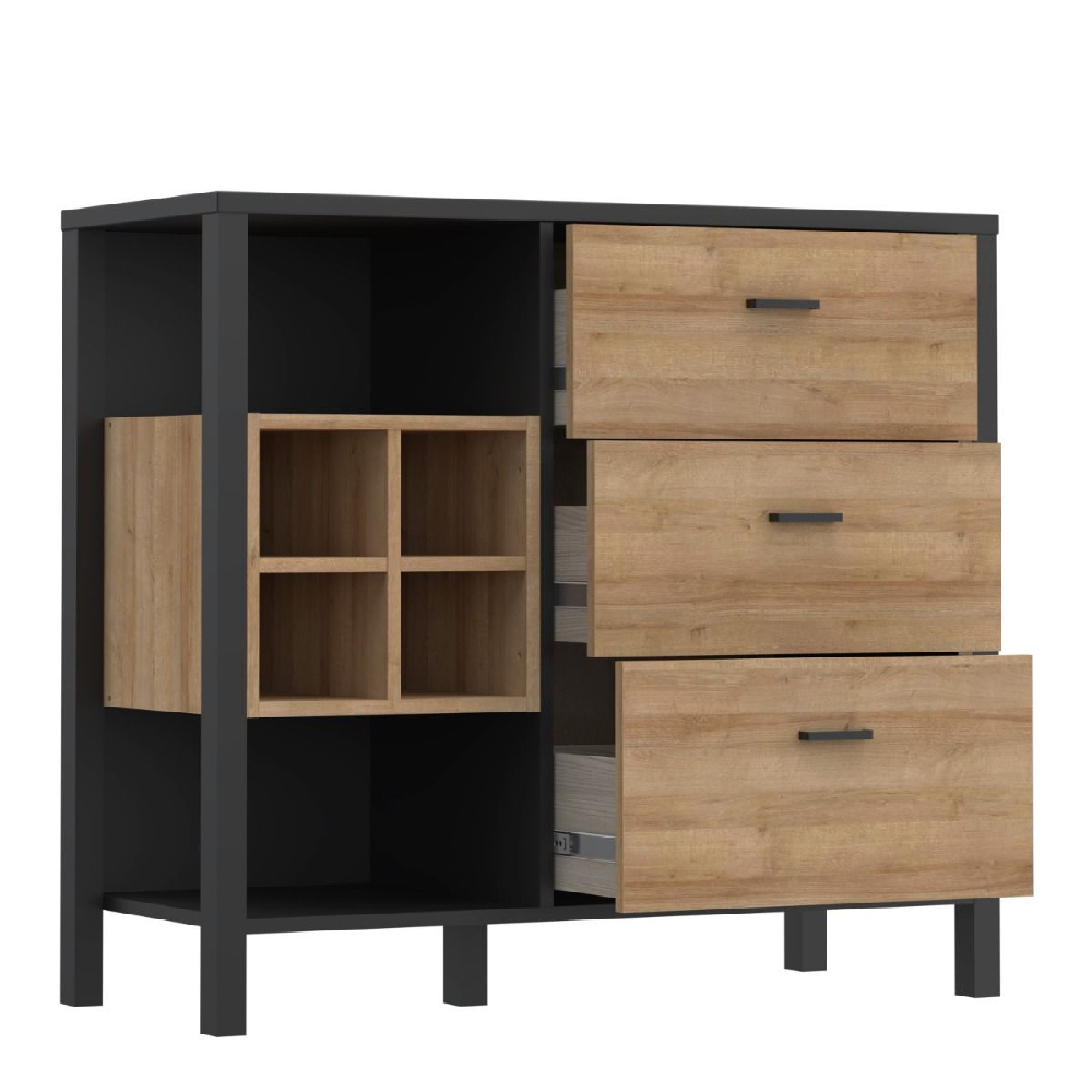 Hinckley Wooden Drinks Cabinet With 3 Drawers In Matt Black Oak