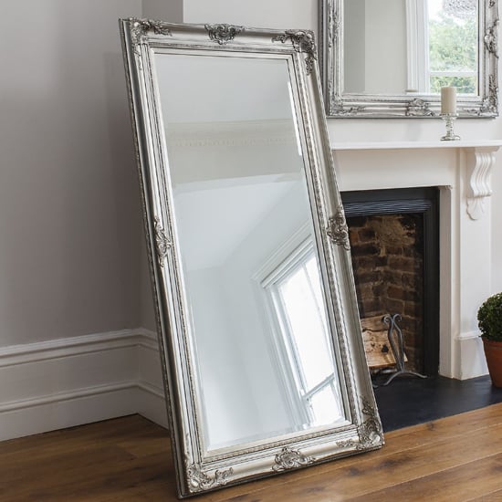Product photograph of Hinton Bevelled Leaner Floor Mirror In Antique Silver from Furniture in Fashion
