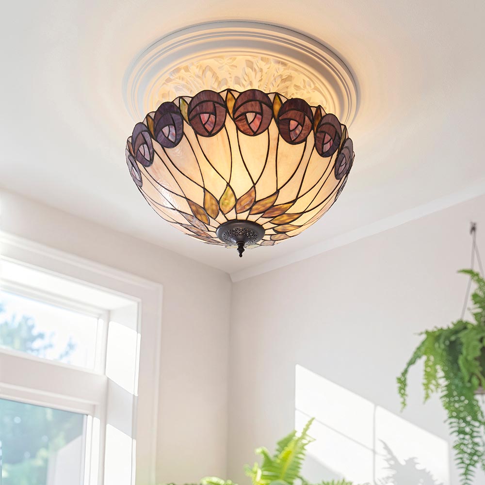 Hinton Tiffany Glass Semi Flush Ceiling Light In Multicolour