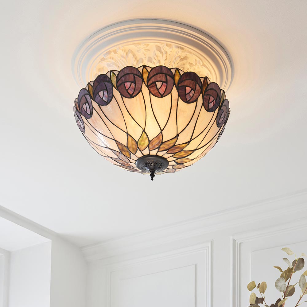 Hinton Tiffany Glass Semi Flush Ceiling Light In Multicolour
