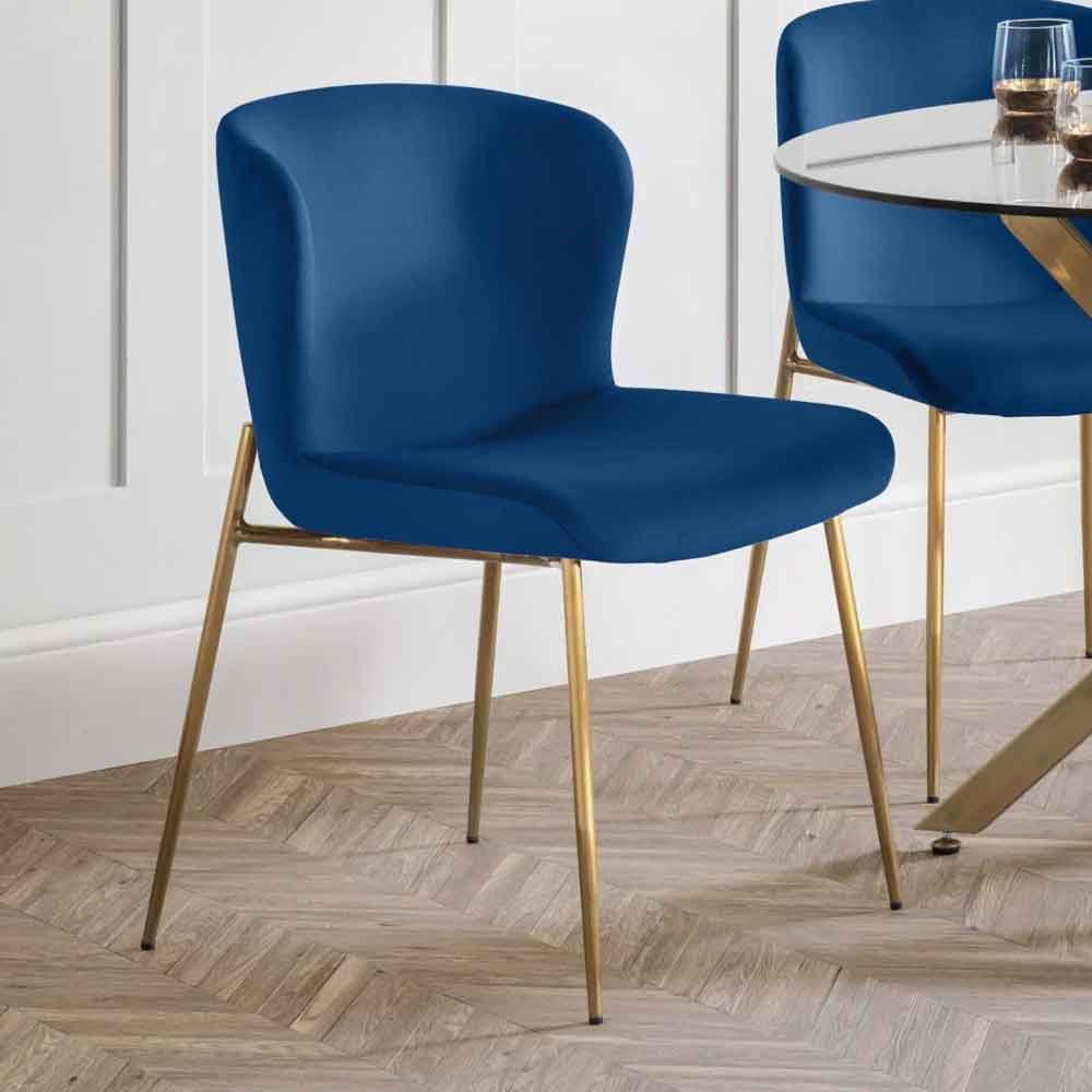 Hirosan Blue Velvet Dining Chairs with Gold Legs in Pair