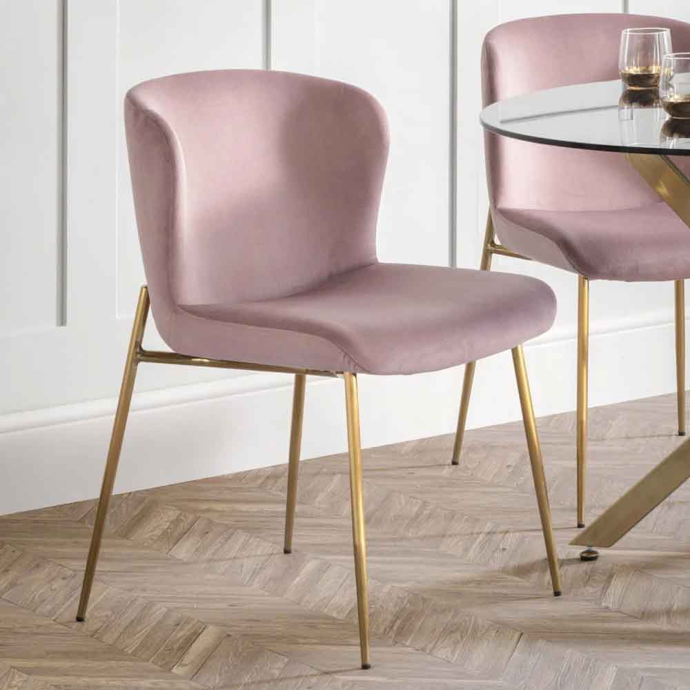 Hirosan Dusky Pink Velvet Dining Chairs with Gold Legs in Pair