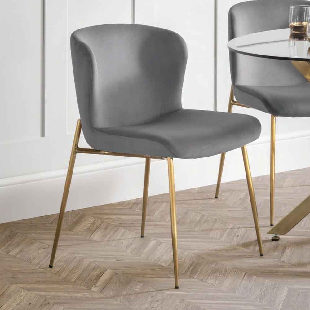 Hirosan Grey Velvet Dining Chairs with Gold Legs in Pair
