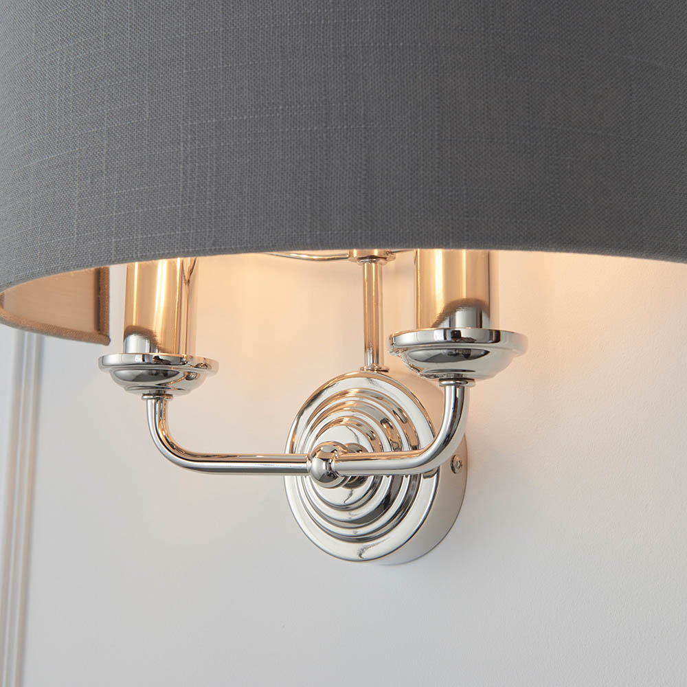 Hixson 2 Light Charcoal Fabric Wall Light In Bright Nickel