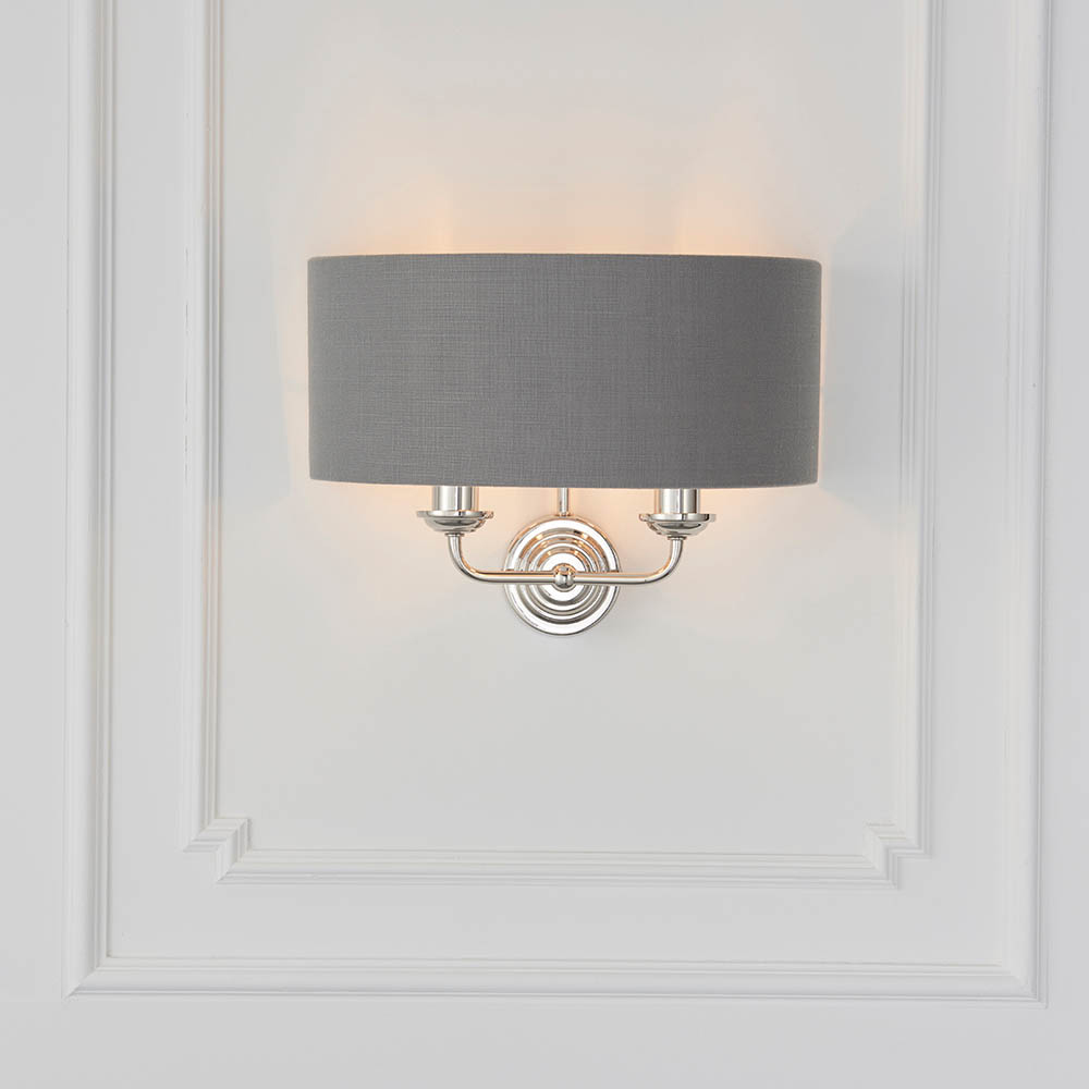 Read more about Hixson 2 light charcoal fabric wall light in bright nickel