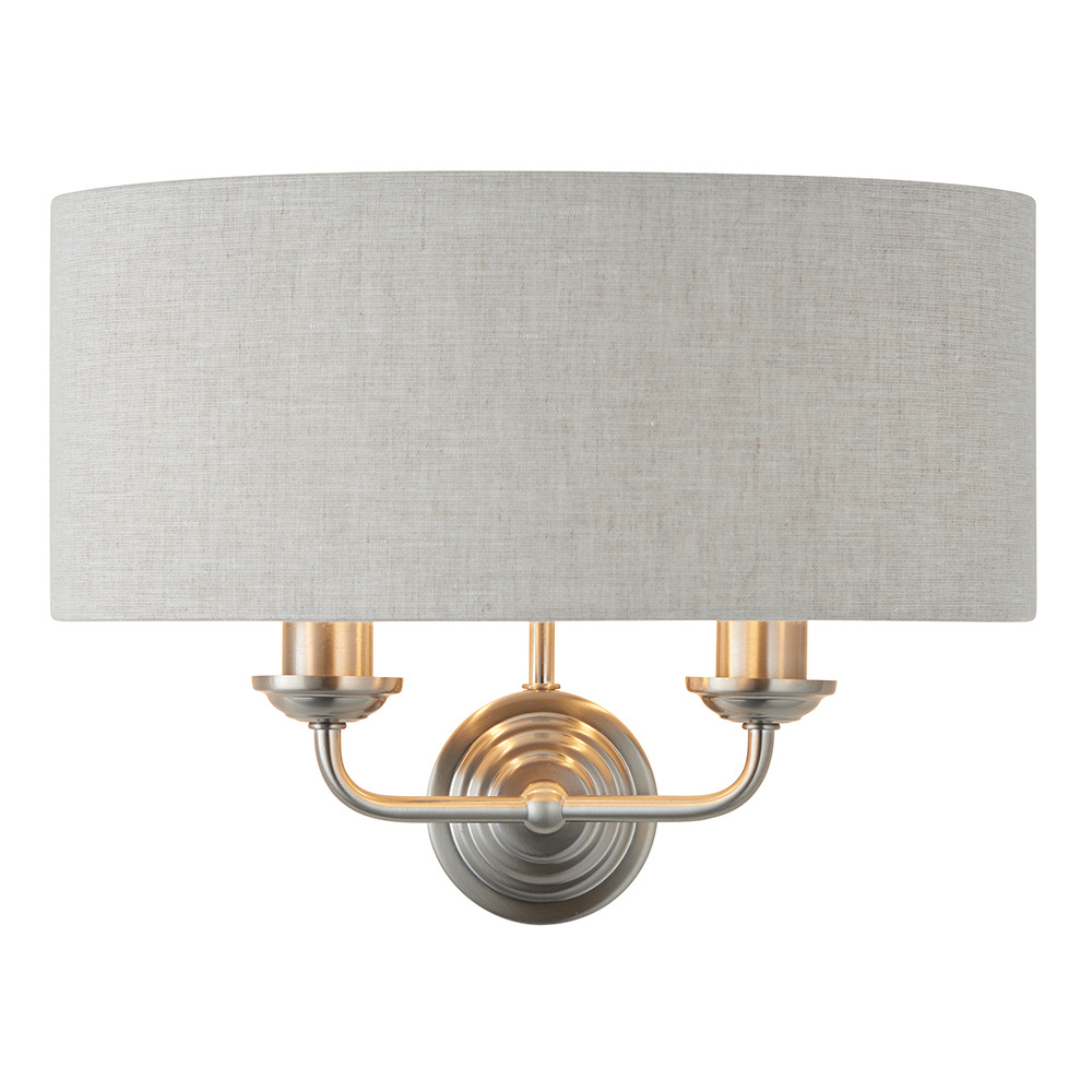 Hixson 2 Light Natural Fabric Wall Light In Brushed Chrome