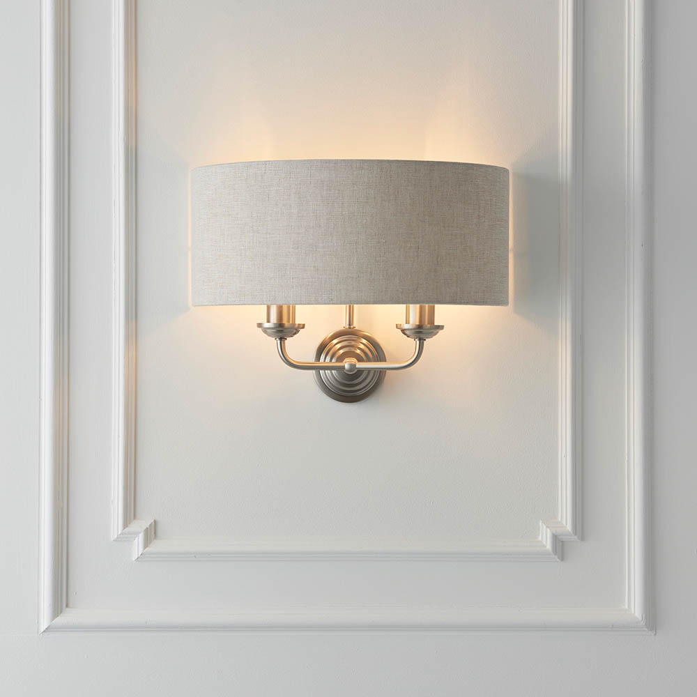 Read more about Hixson 2 light natural fabric wall light in brushed chrome