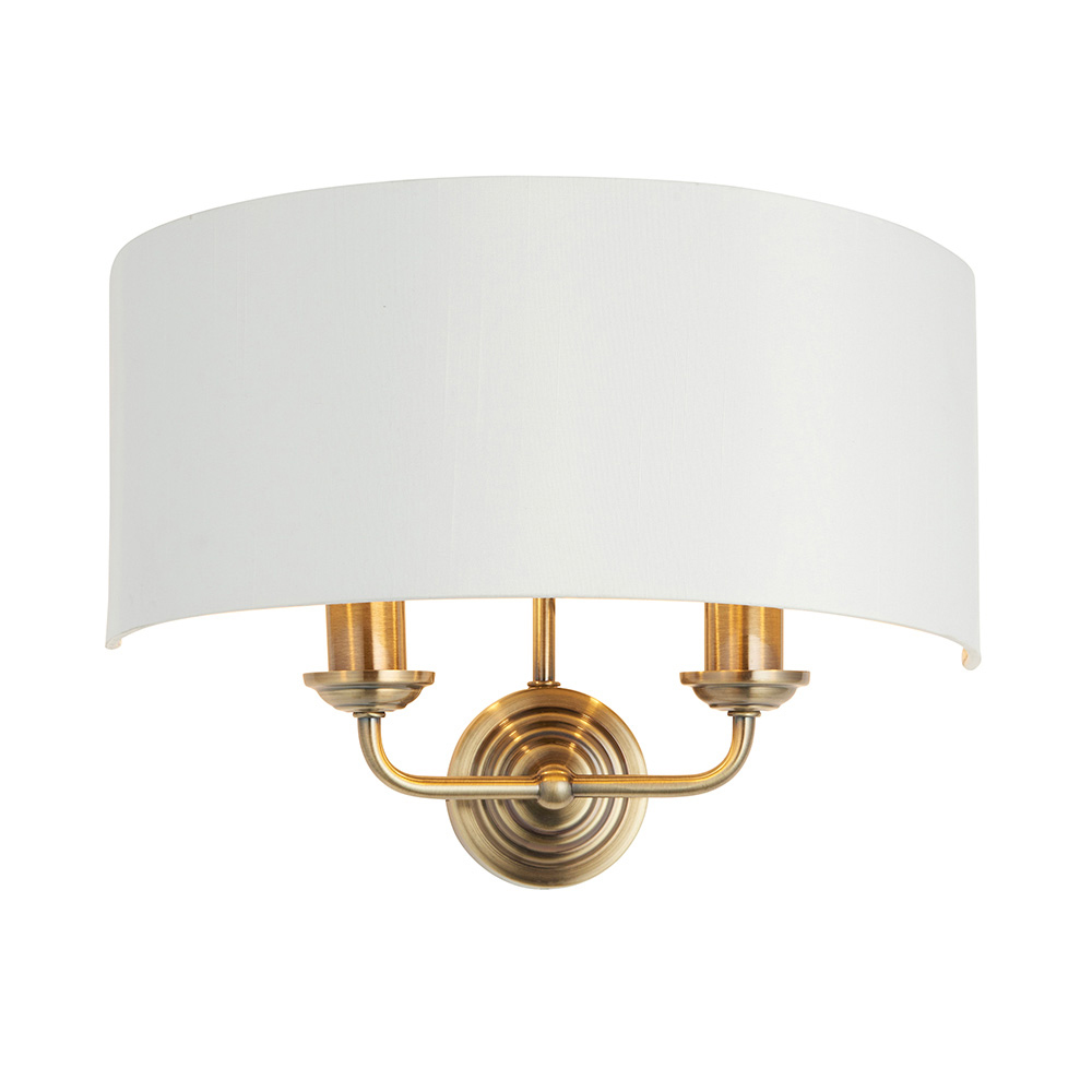 Hixson 2 Light White Fabric Wall Light In Antique Brass