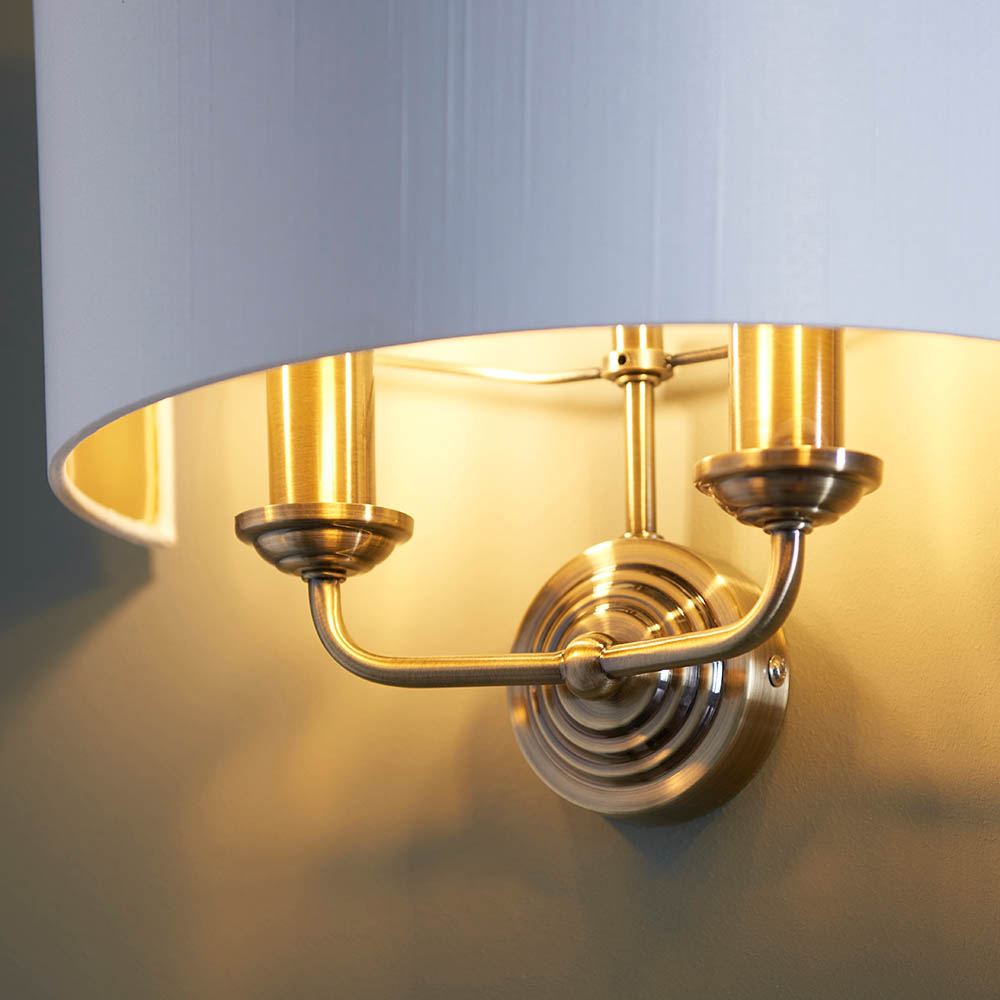 Hixson 2 Light White Fabric Wall Light In Antique Brass