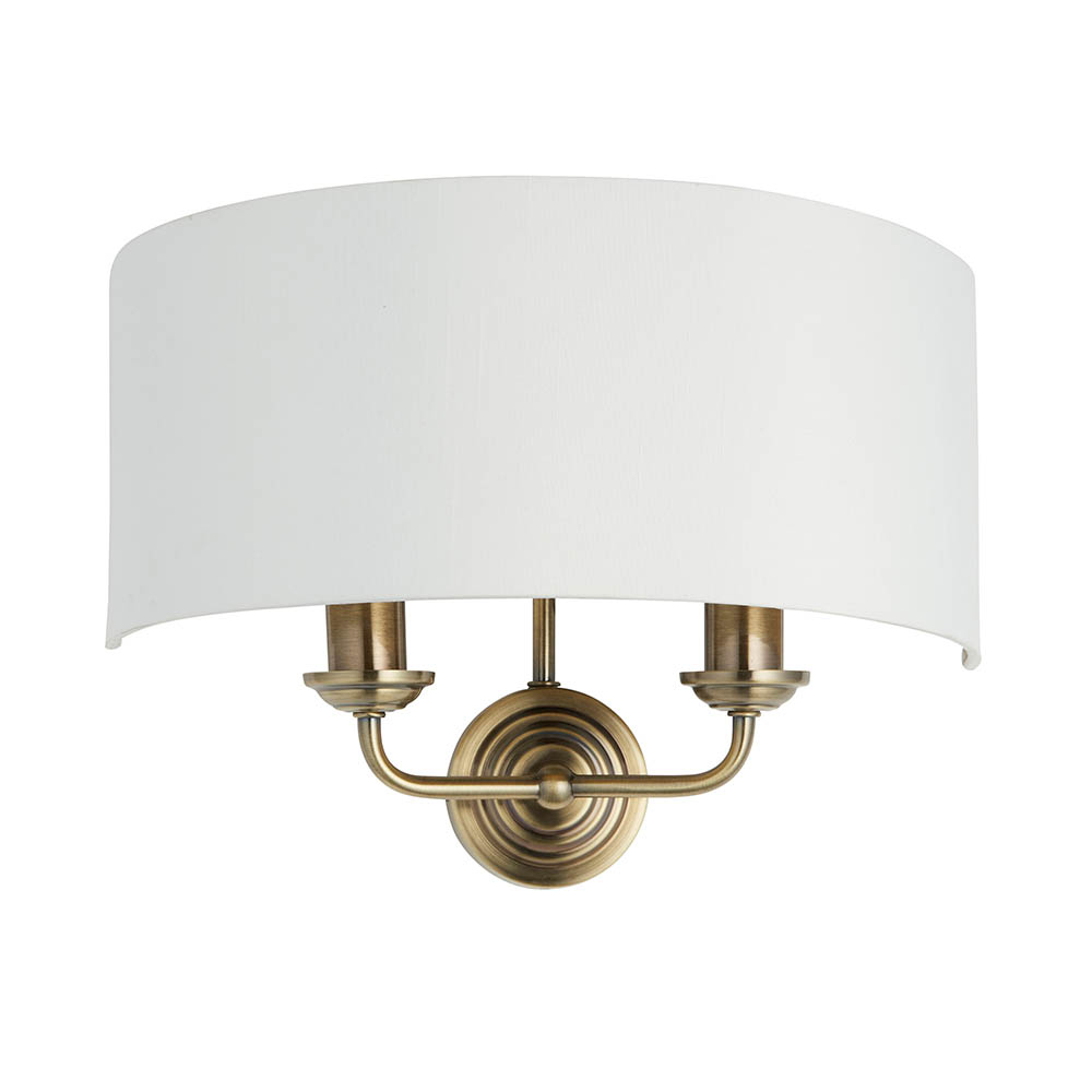 Hixson 2 Light White Fabric Wall Light In Antique Brass