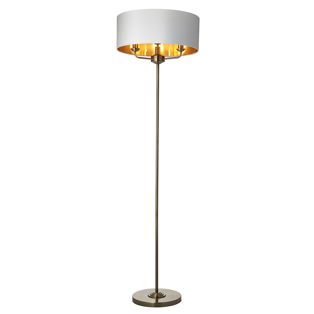 Hixson 3 Light Natural Fabric Floor Lamp In Antique Brass