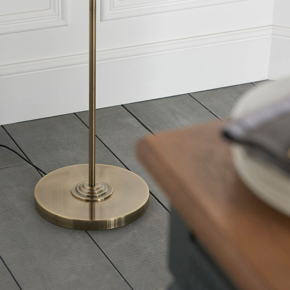 Hixson 3 Light Natural Fabric Floor Lamp In Antique Brass