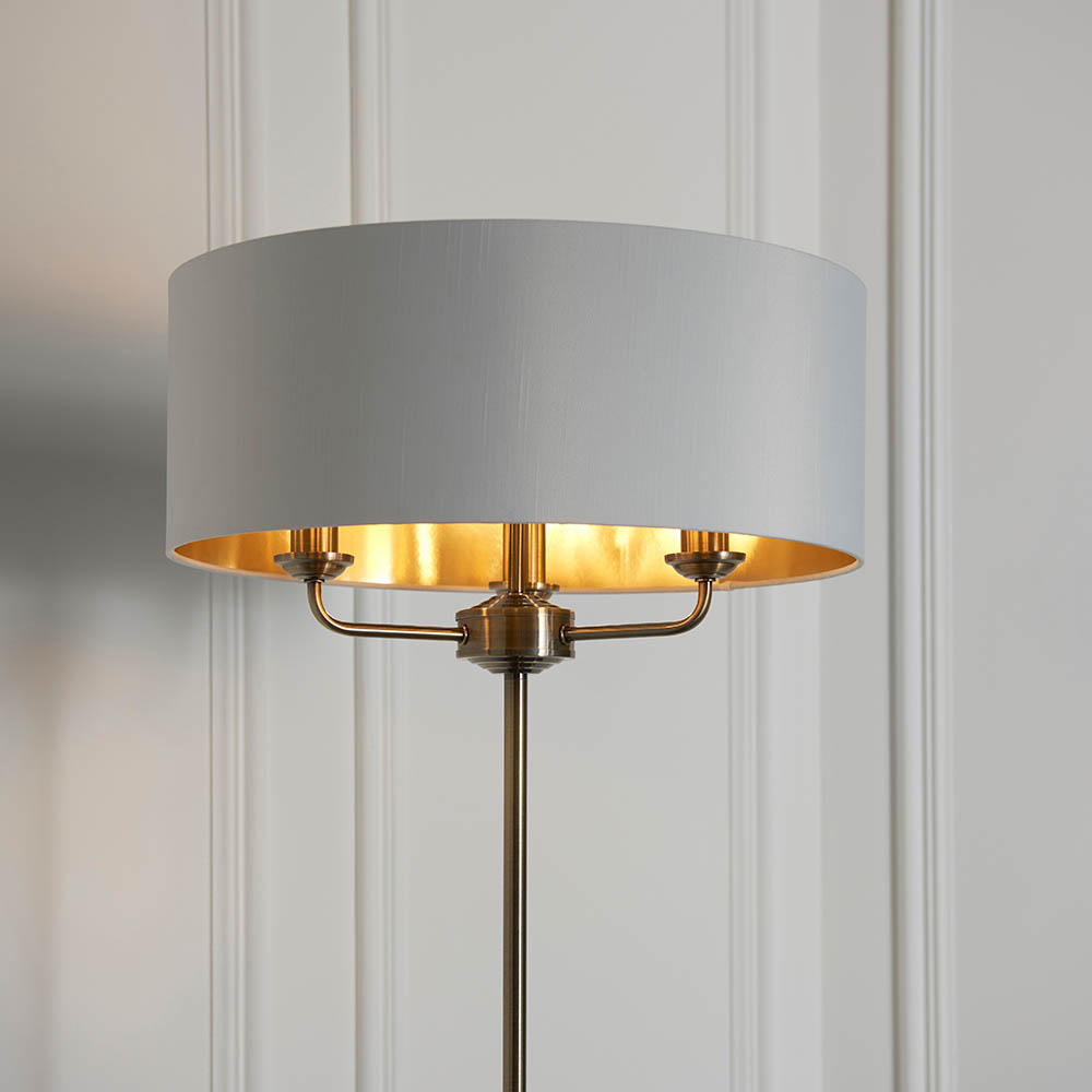 Hixson 3 Light Natural Fabric Floor Lamp In Antique Brass