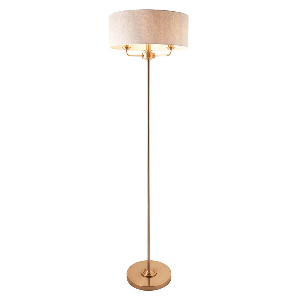 Hixson 3 Light Natural Fabric Floor Lamp In Vintage Brass