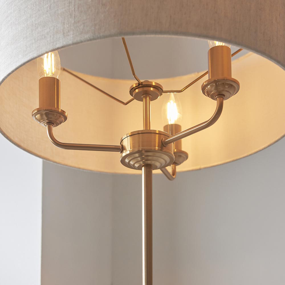 Hixson 3 Light Natural Fabric Floor Lamp In Vintage Brass
