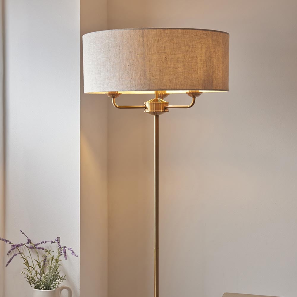 Hixson 3 Light Natural Fabric Floor Lamp In Vintage Brass