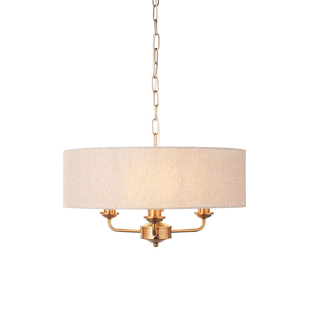 Hixson 3 Light Natural Fabric Pendant Ceiling Light In Brass