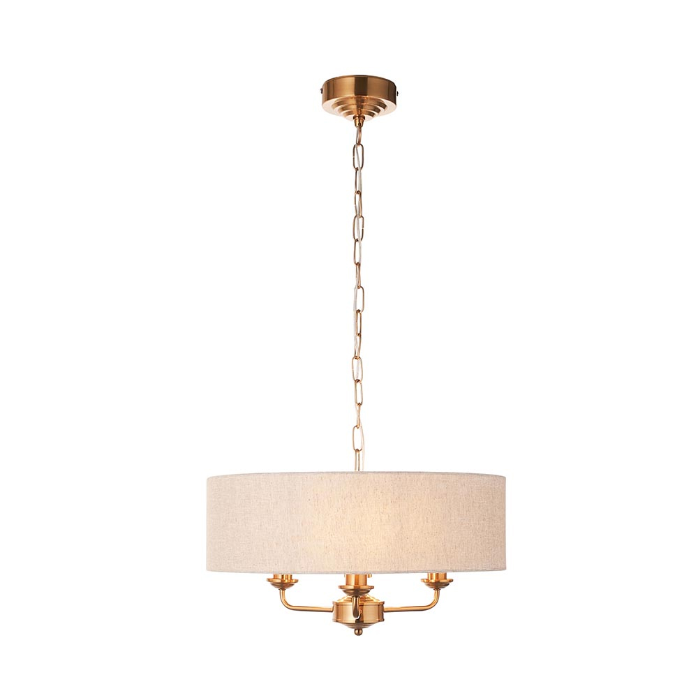 Hixson 3 Light Natural Fabric Pendant Ceiling Light In Brass