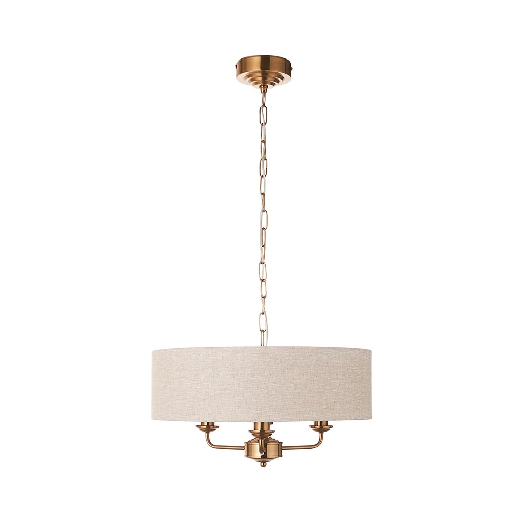 Hixson 3 Light Natural Fabric Pendant Ceiling Light In Brass