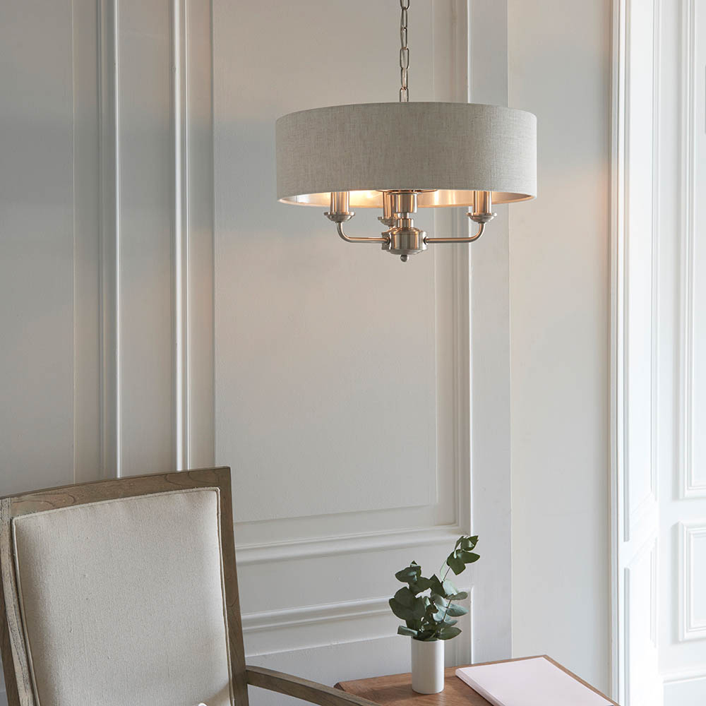 Read more about Hixson 3 light natural fabric pendant ceiling light in chrome