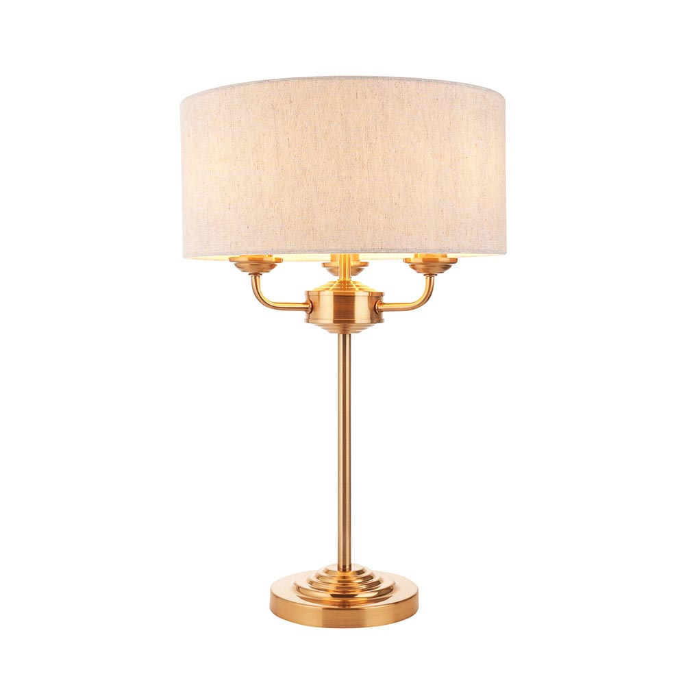 Hixson 3 Light Natural Fabric Table Lamp In Vintage Brass