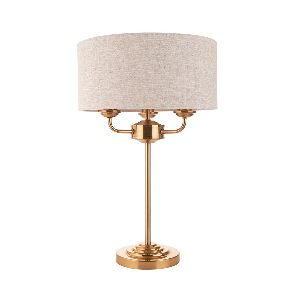 Hixson 3 Light Natural Fabric Table Lamp In Vintage Brass