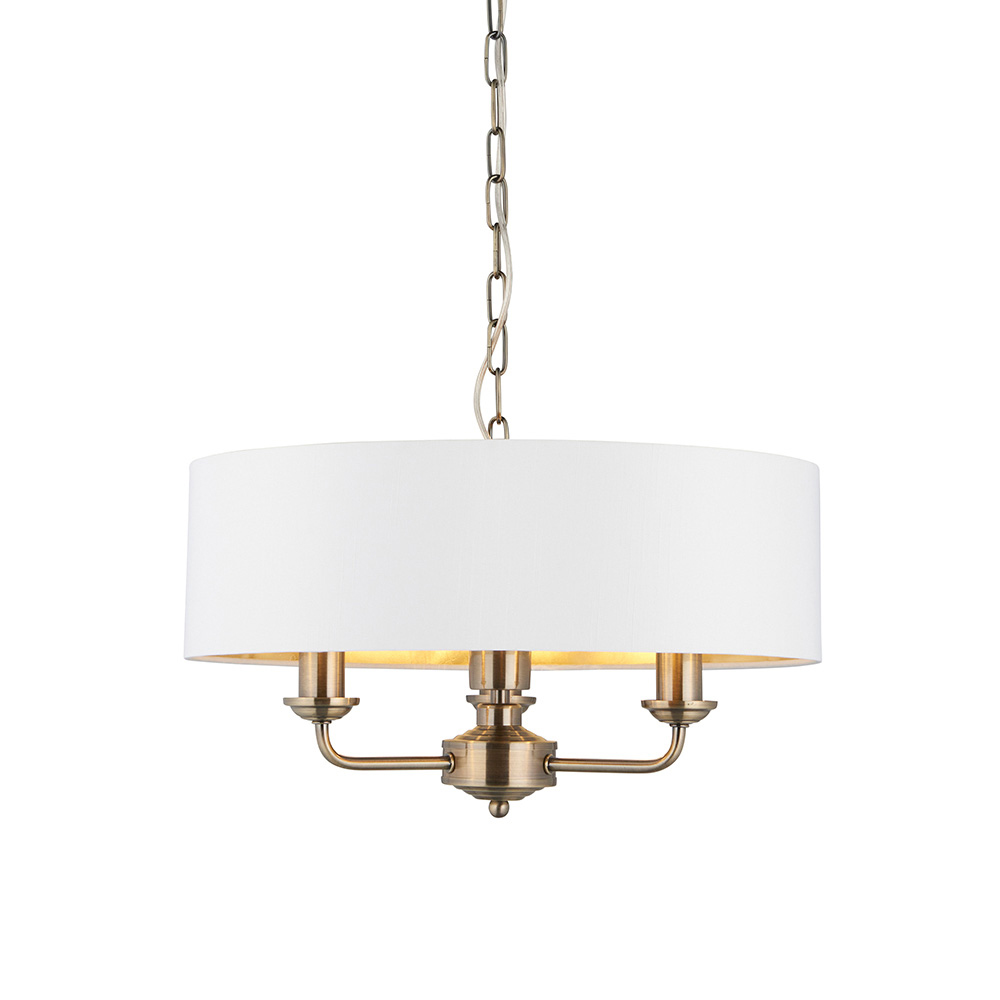 Hixson 3 Light White Fabric Pendant Ceiling Light In Brass