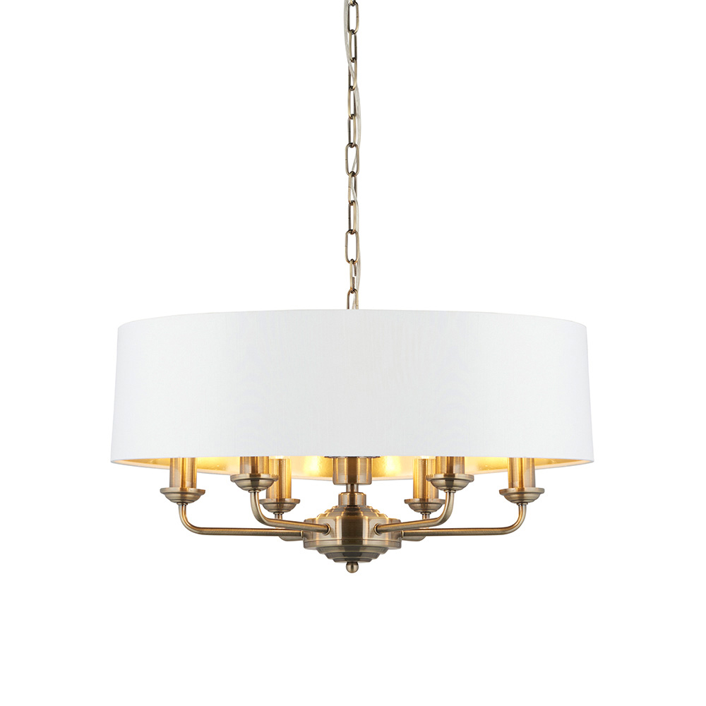 Hixson 6 Light White Fabric Pendant Ceiling Light In Brass