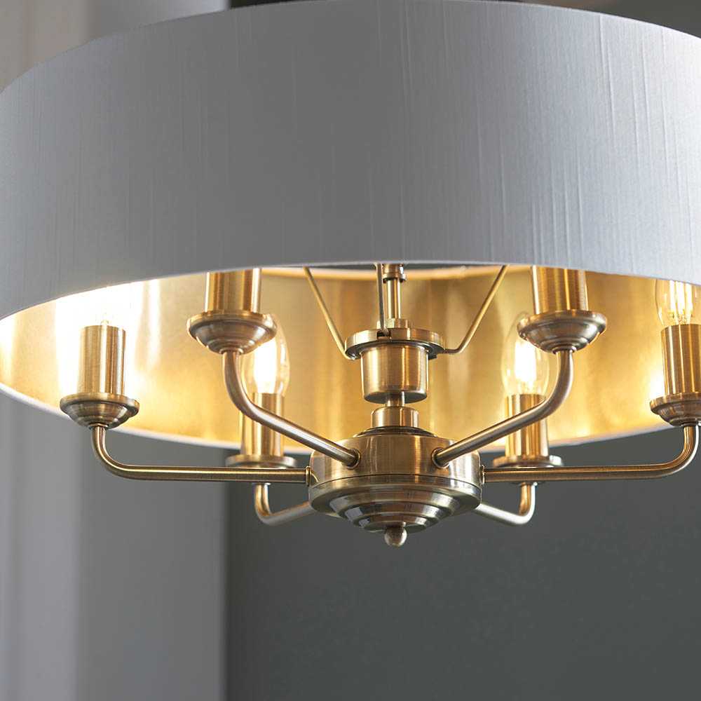 Hixson 6 Light White Fabric Pendant Ceiling Light In Brass