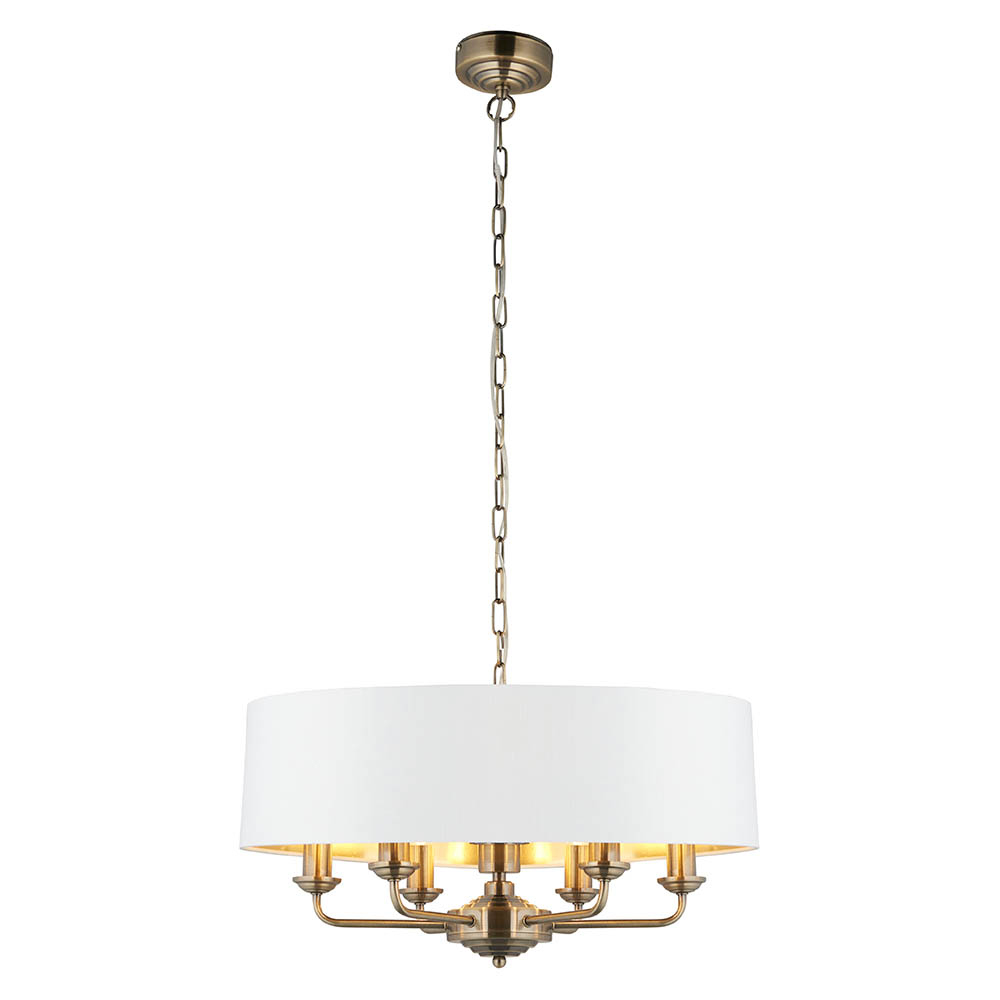 Hixson 6 Light White Fabric Pendant Ceiling Light In Brass