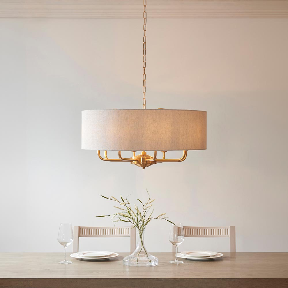 Hixson 8 Light Natural Fabric Pendant Ceiling Light In Brass