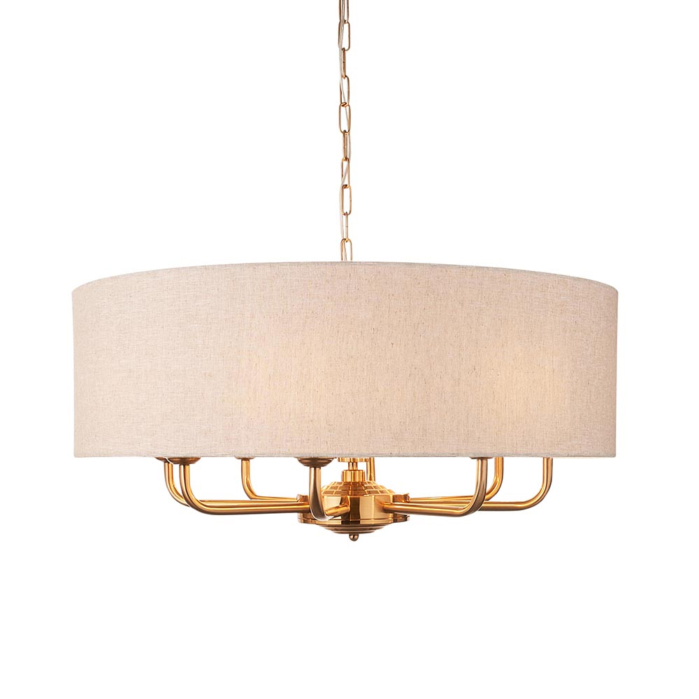Hixson 8 Light Natural Fabric Pendant Ceiling Light In Brass