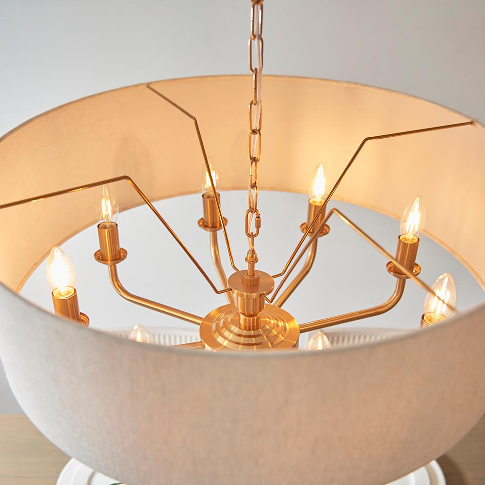 Hixson 8 Light Natural Fabric Pendant Ceiling Light In Brass