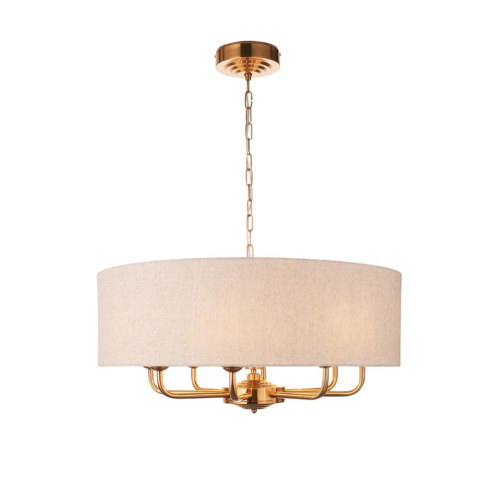 Hixson 8 Light Natural Fabric Pendant Ceiling Light In Brass