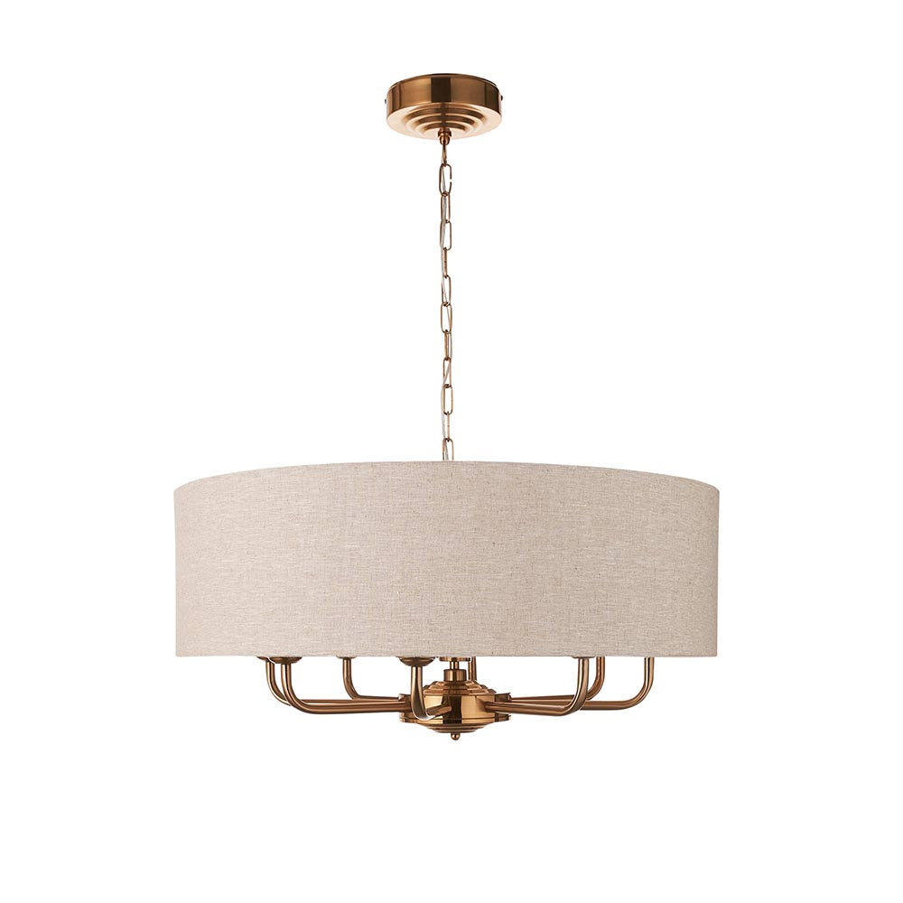 Hixson 8 Light Natural Fabric Pendant Ceiling Light In Brass