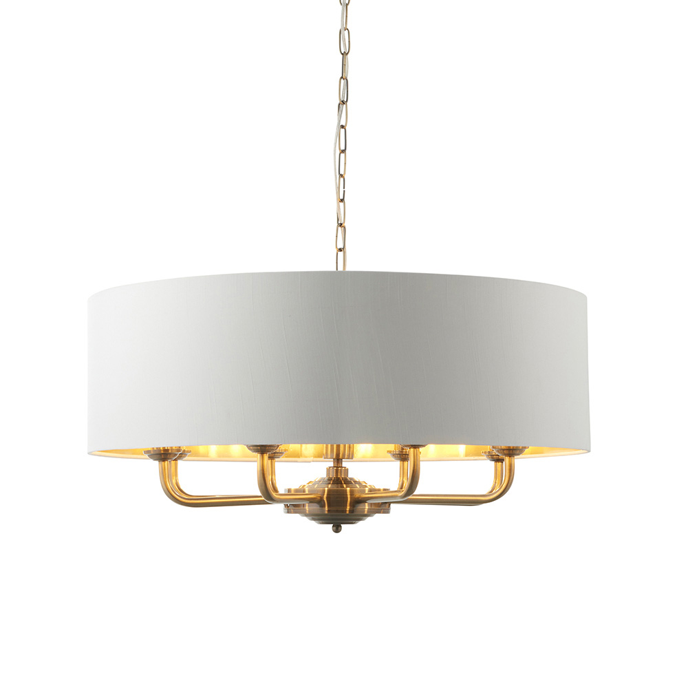 Hixson 8 Light White Fabric Pendant Ceiling Light In Brass