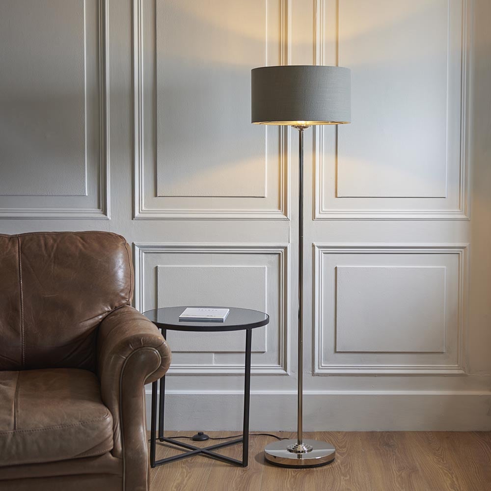Read more about Hixson charcoal fabric shade floor lamp in bright nickel