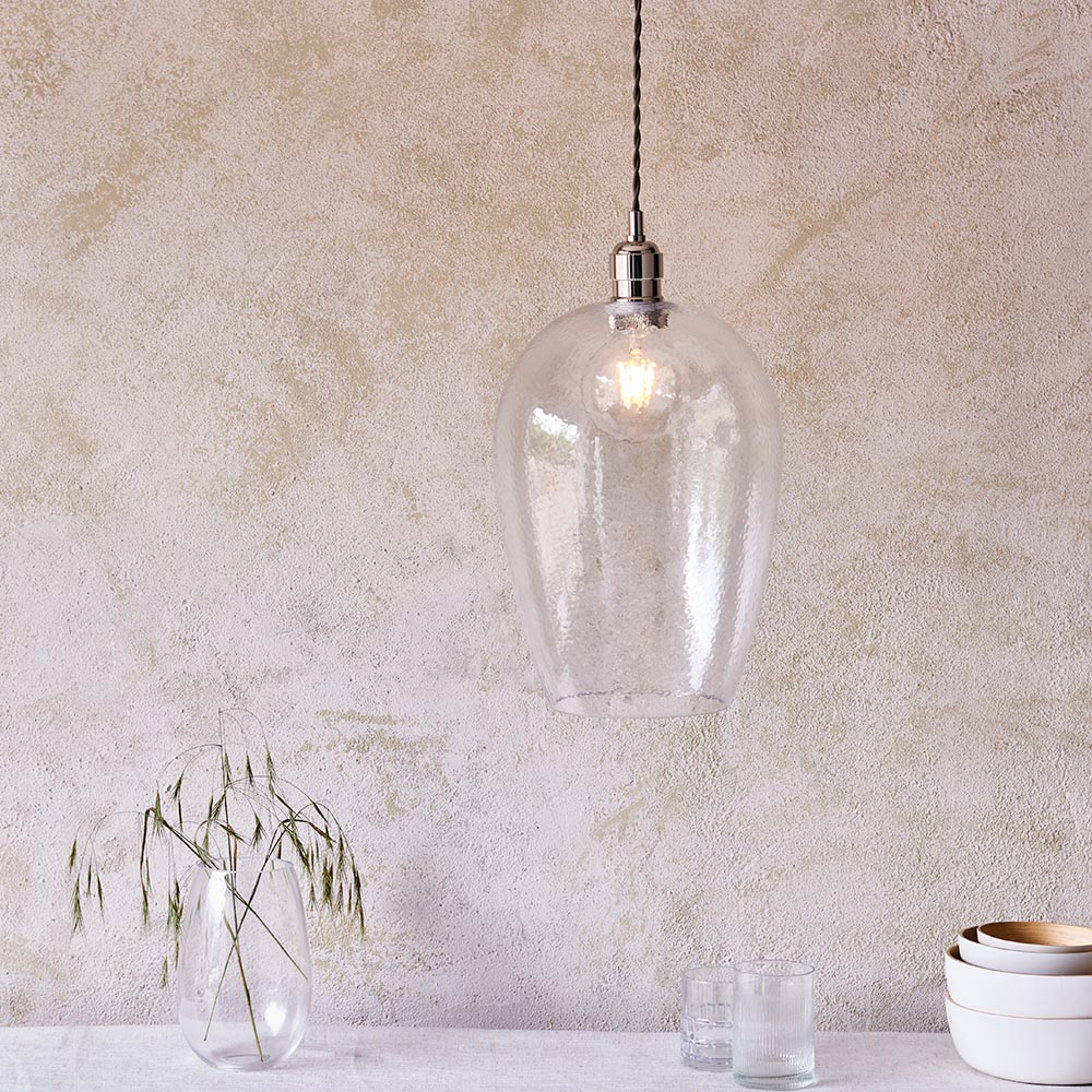 Hixson Large Hammered Glass Pendant Ceiling Light In Nickel