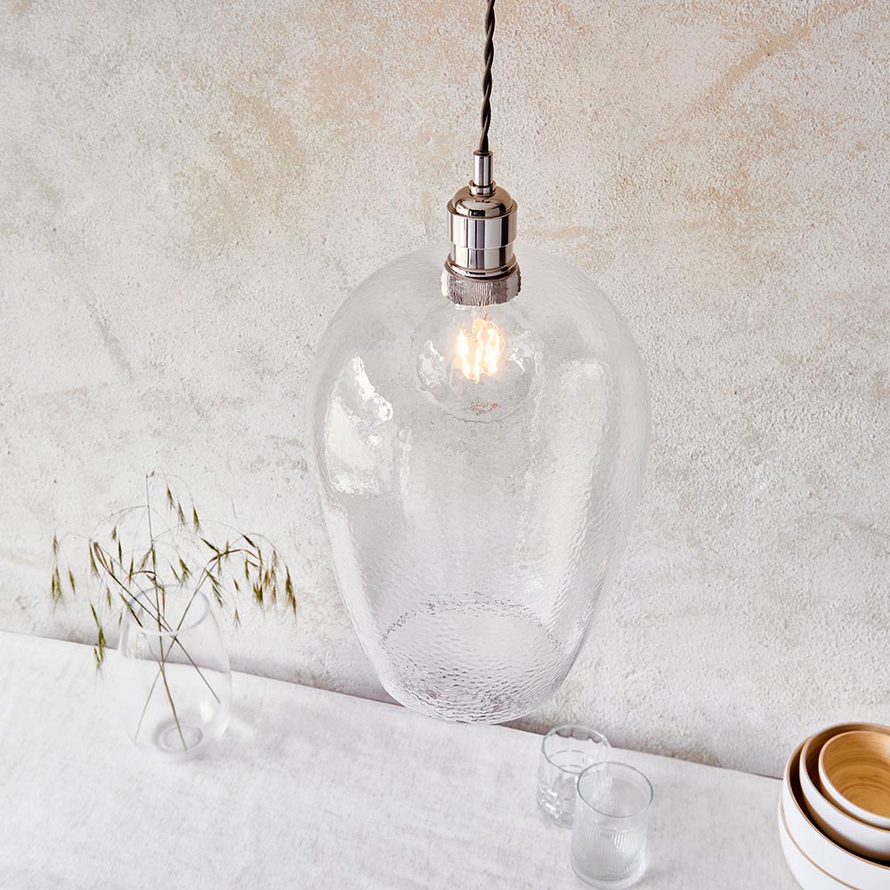 Hixson Large Hammered Glass Pendant Ceiling Light In Nickel